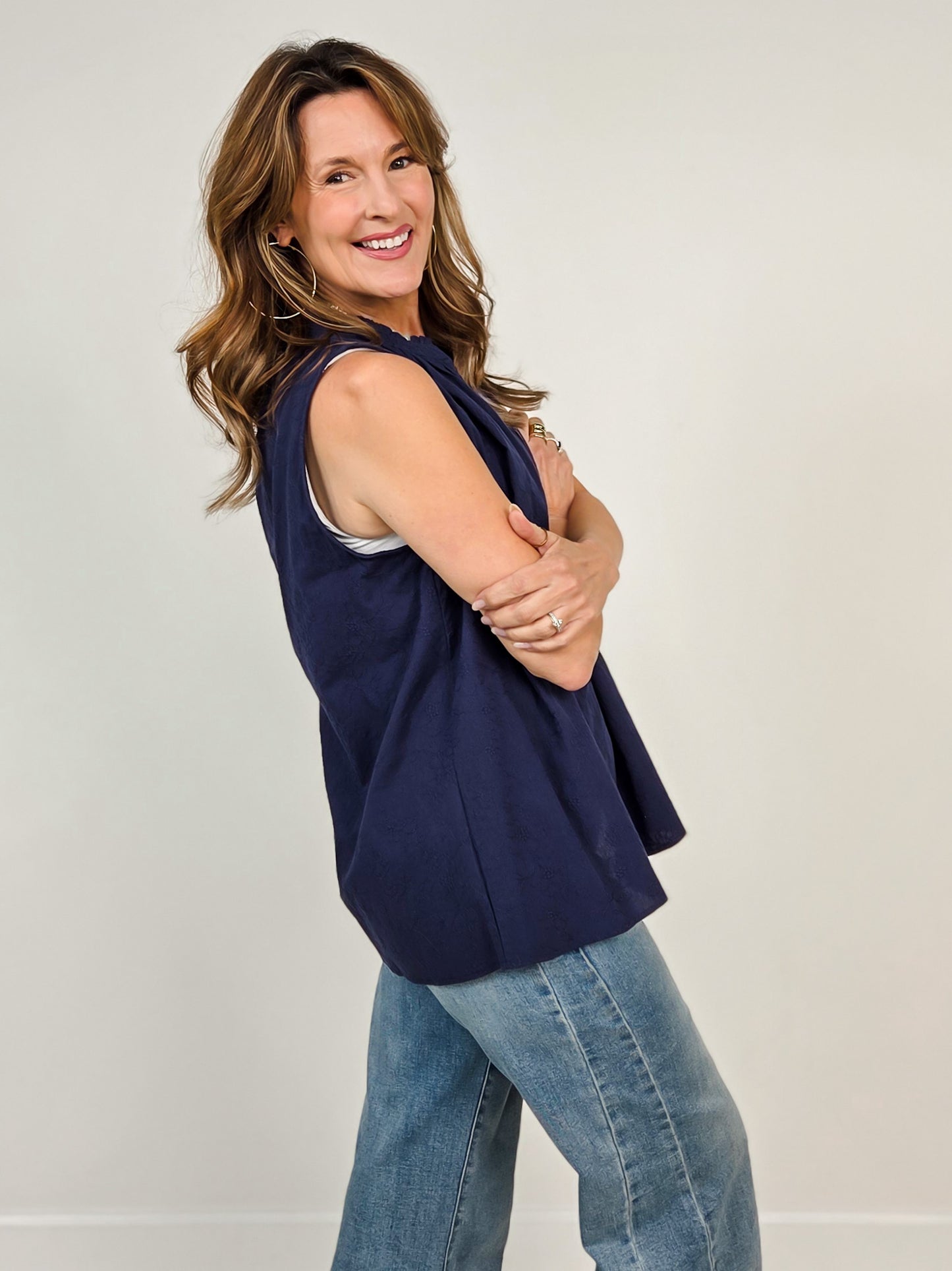 Camellia Sleeveless Top with Ruffle Neckline in Navy