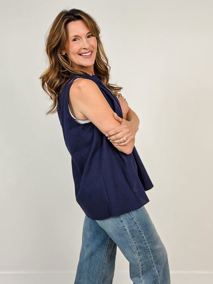 Camellia Sleeveless Top with Ruffle Neckline in Navy