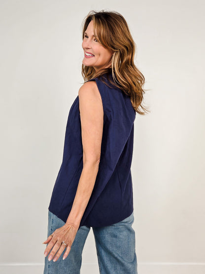 Camellia Sleeveless Top with Ruffle Neckline in Navy