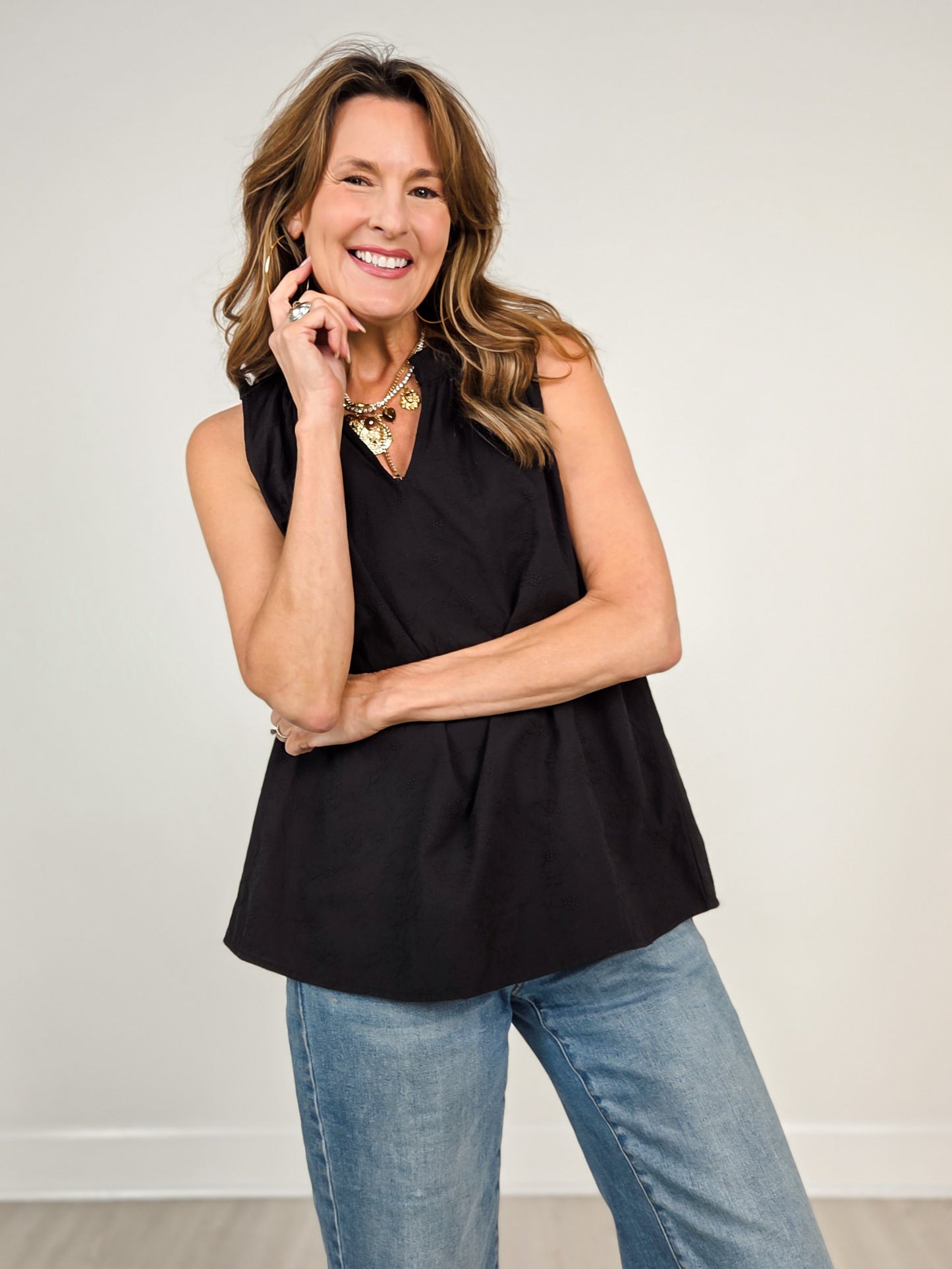 Camellia Sleeveless Top with Ruffle Neckline in Black