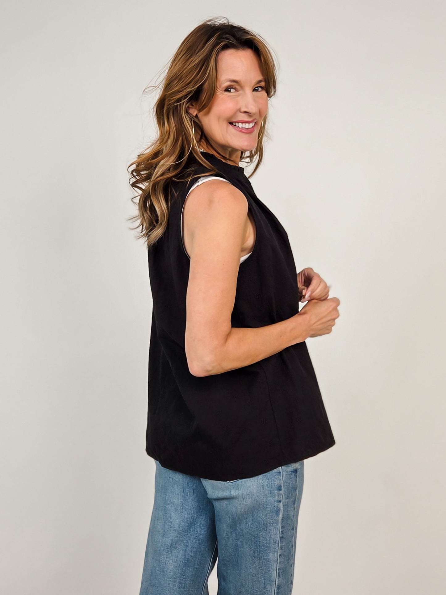 Camellia Sleeveless Top with Ruffle Neckline in Black