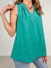 Camellia Sleeveless Top with Ruffle Neckline in Emerald