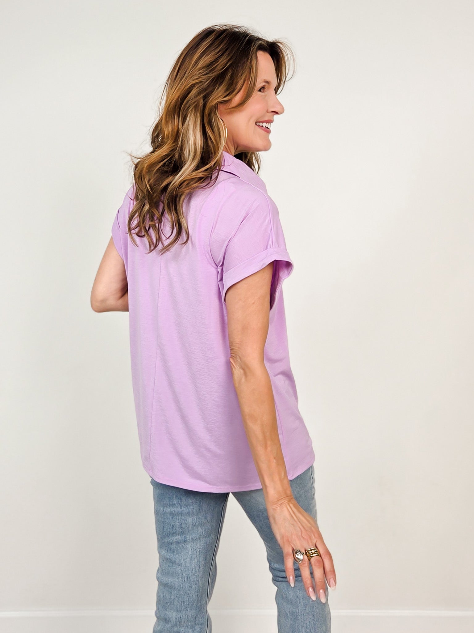 Sea You Soon Short Sleeve Collared Top in Orchid Bloom