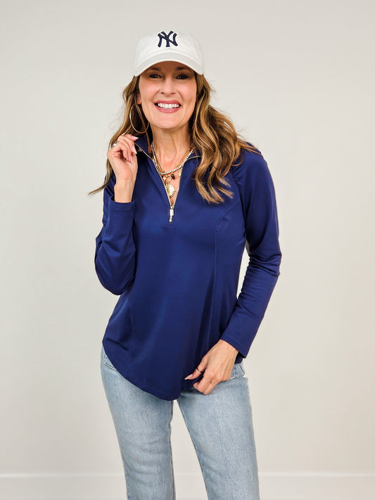 Marina Long Sleeve Top with Zipper Neckline in Coastal Navy