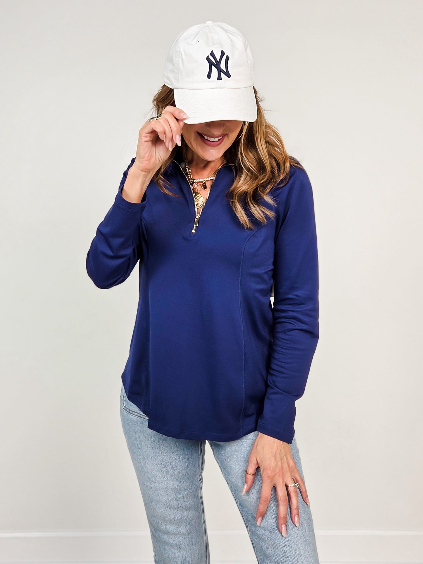Marina Long Sleeve Top with Zipper Neckline in Coastal Navy