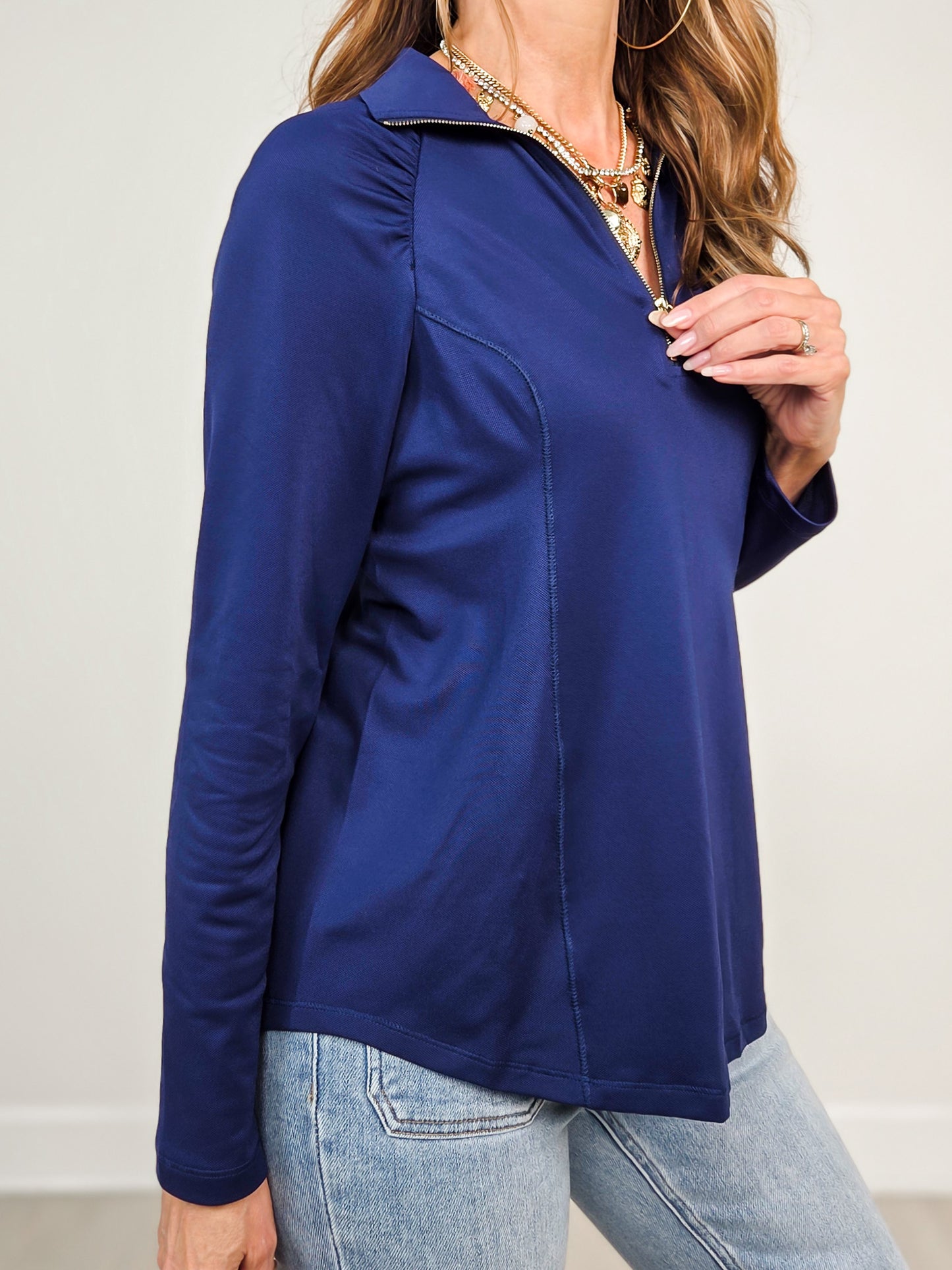 Marina Long Sleeve Top with Zipper Neckline in Coastal Navy