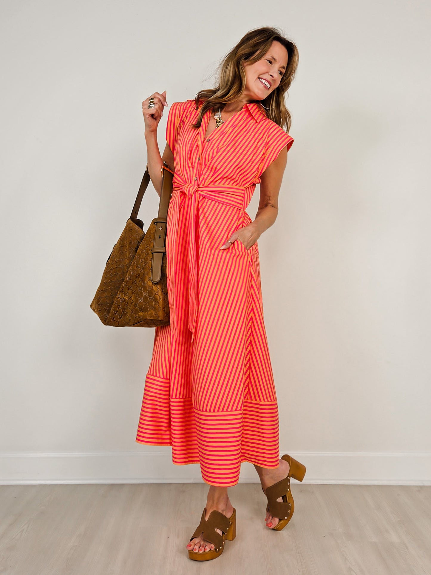 Striped Cap Sleeve Midi Dress with Self Tie Waist