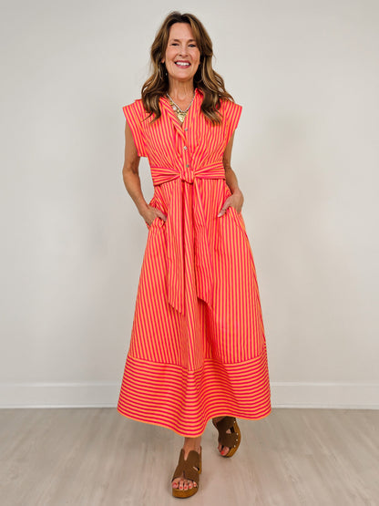 Striped Cap Sleeve Midi Dress with Self Tie Waist