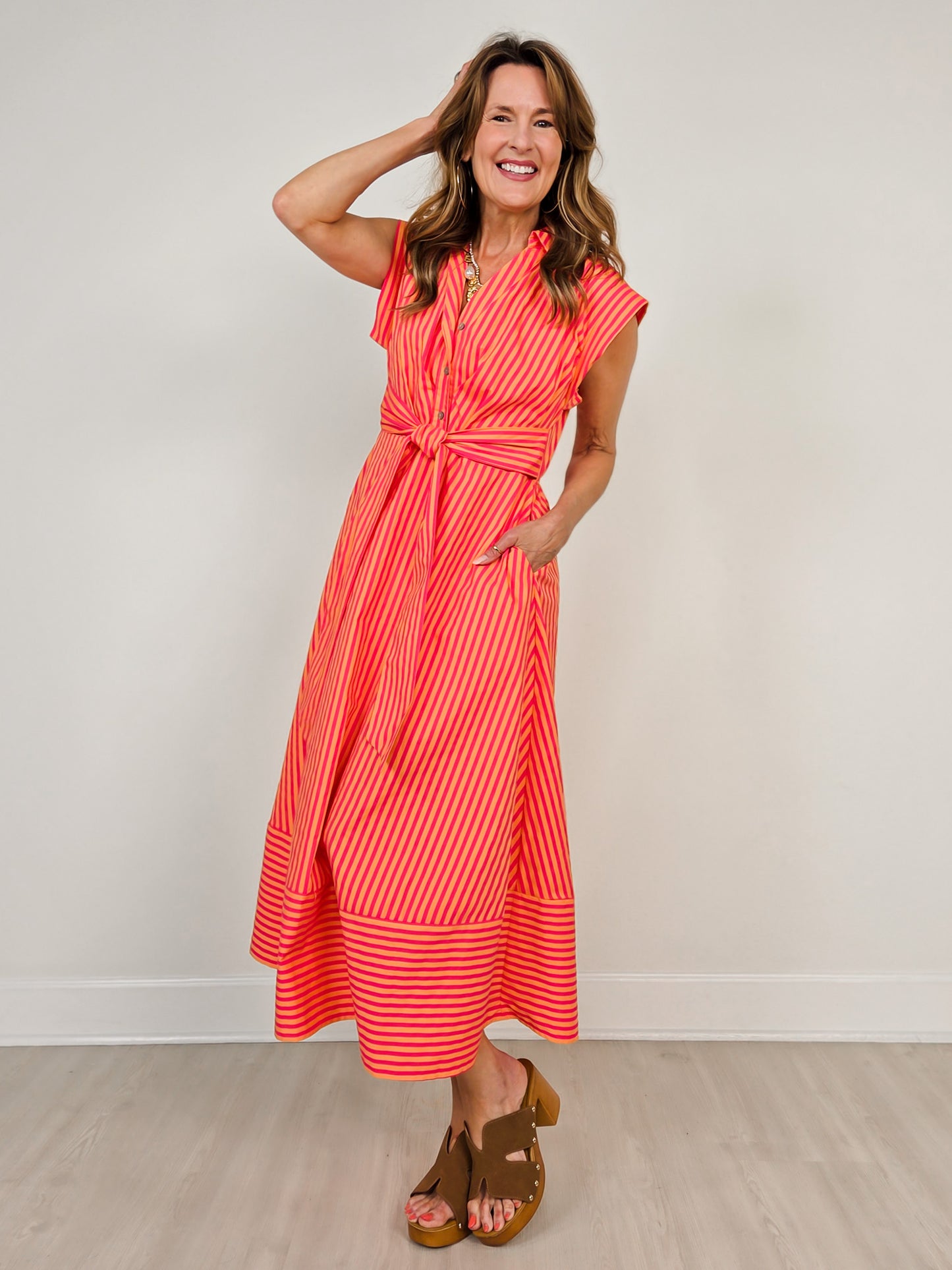 Striped Cap Sleeve Midi Dress with Self Tie Waist