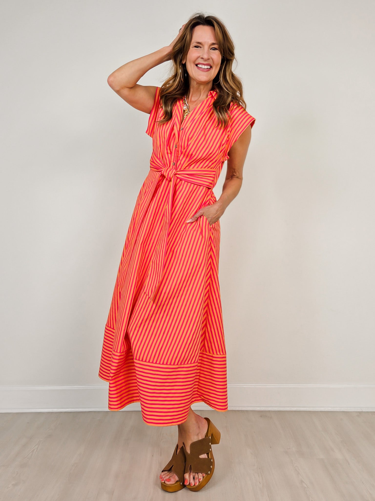 Striped Cap Sleeve Midi Dress with Self Tie Waist