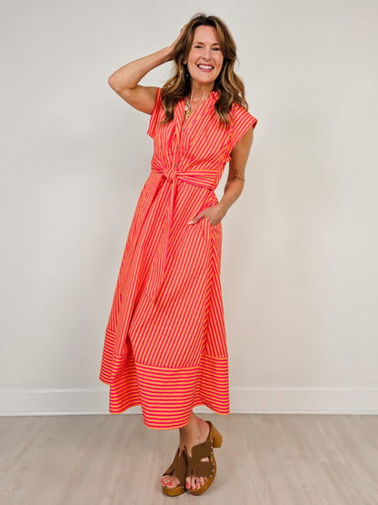 Striped Cap Sleeve Midi Dress with Self Tie Waist