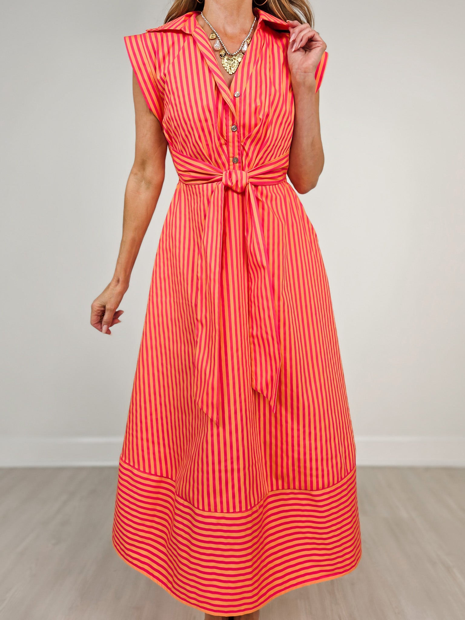 Striped Cap Sleeve Midi Dress with Self Tie Waist
