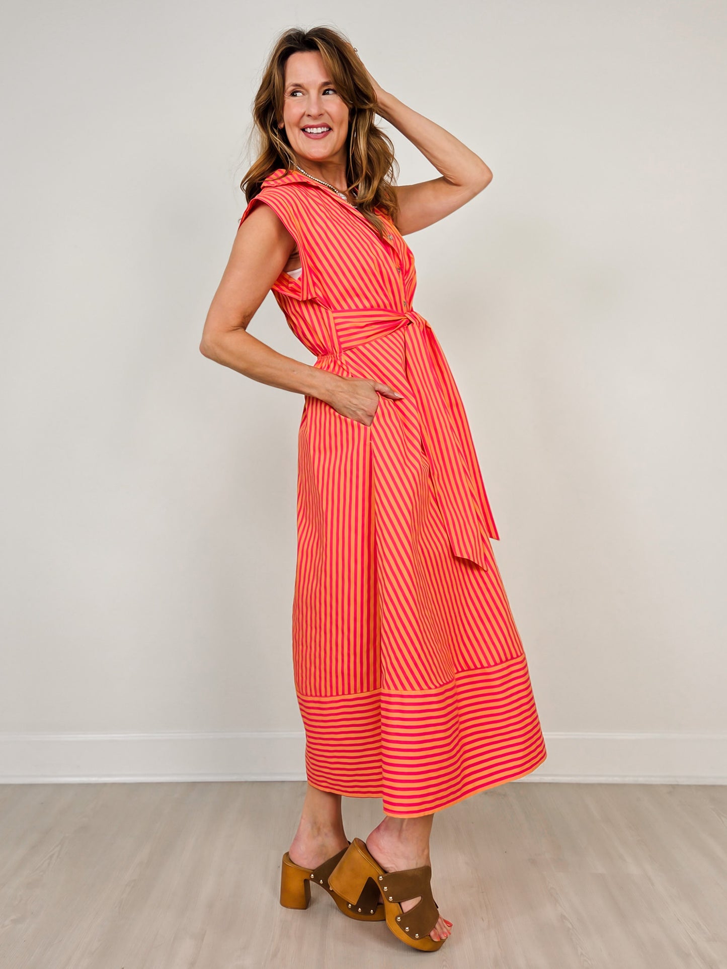 Striped Cap Sleeve Midi Dress with Self Tie Waist