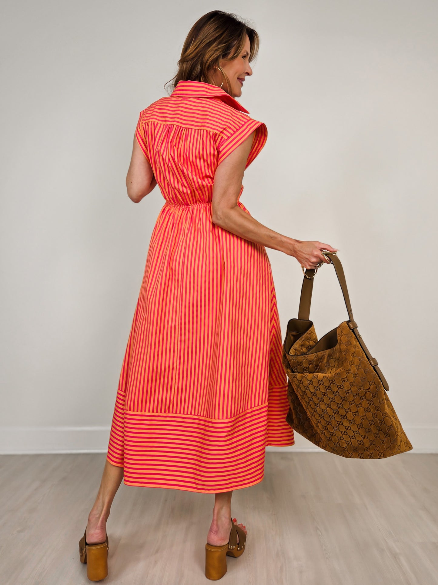 Striped Cap Sleeve Midi Dress with Self Tie Waist