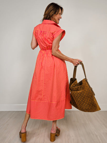 Striped Cap Sleeve Midi Dress with Self Tie Waist