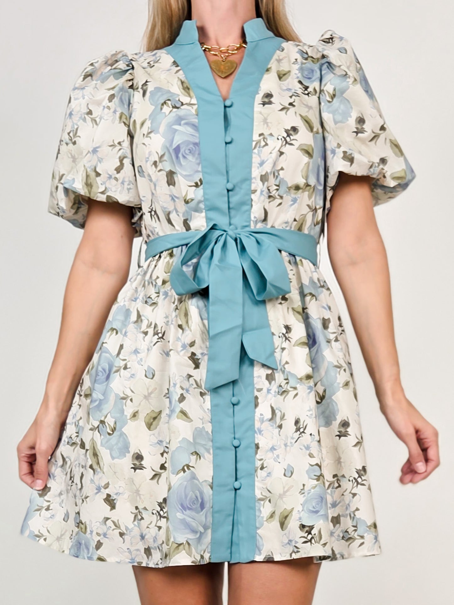 Floral Print 3/4 Sleeve Mini Dress with Self Tie Belt