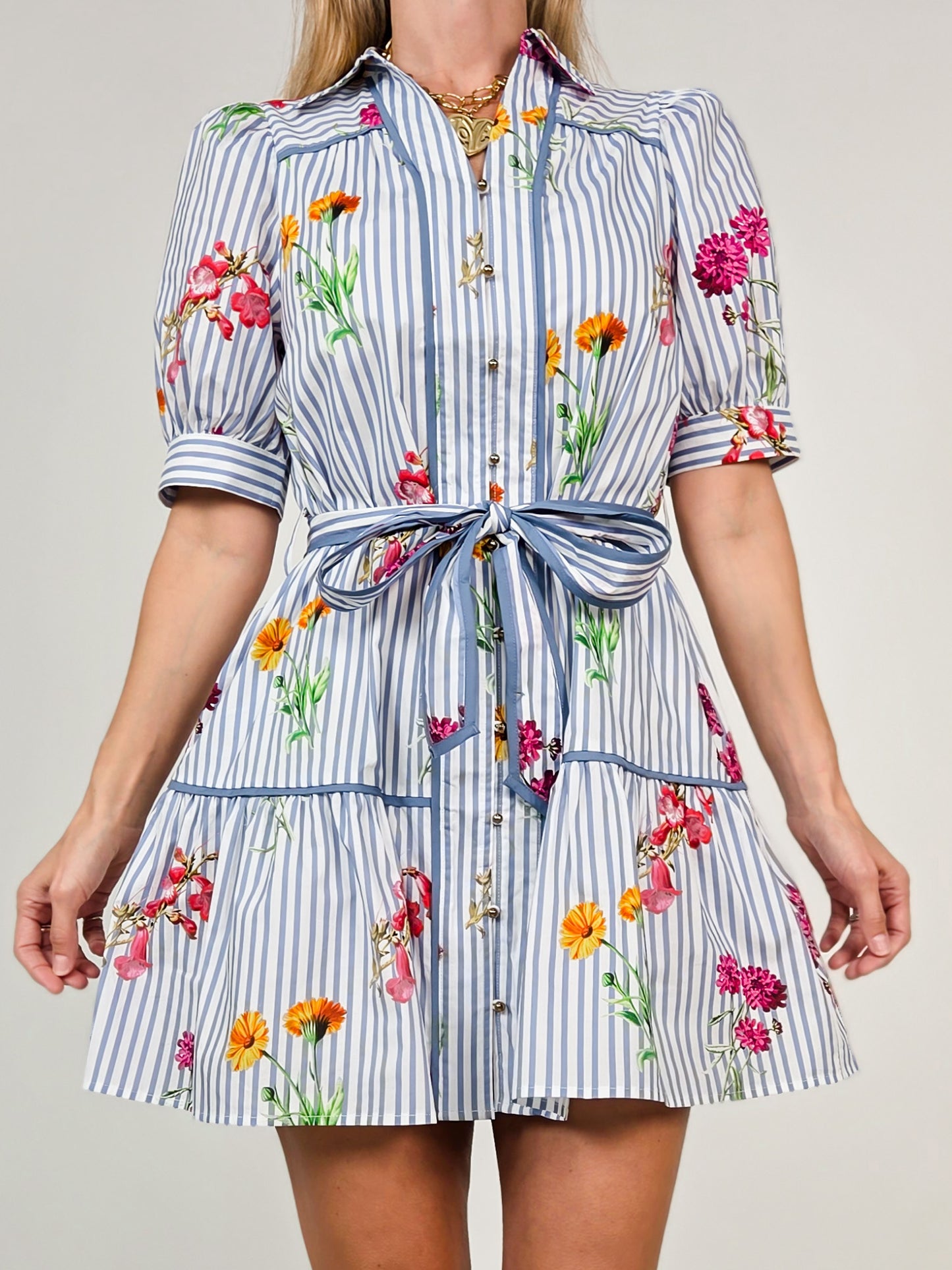Floral Stripe Print Short Puff Sleeve Mini Dress with Tie Waist