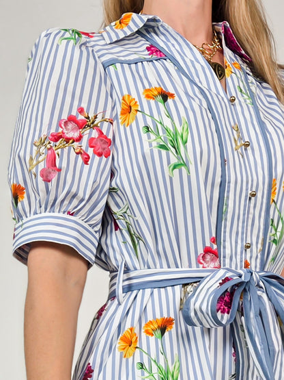 Floral Stripe Print Short Puff Sleeve Mini Dress with Tie Waist