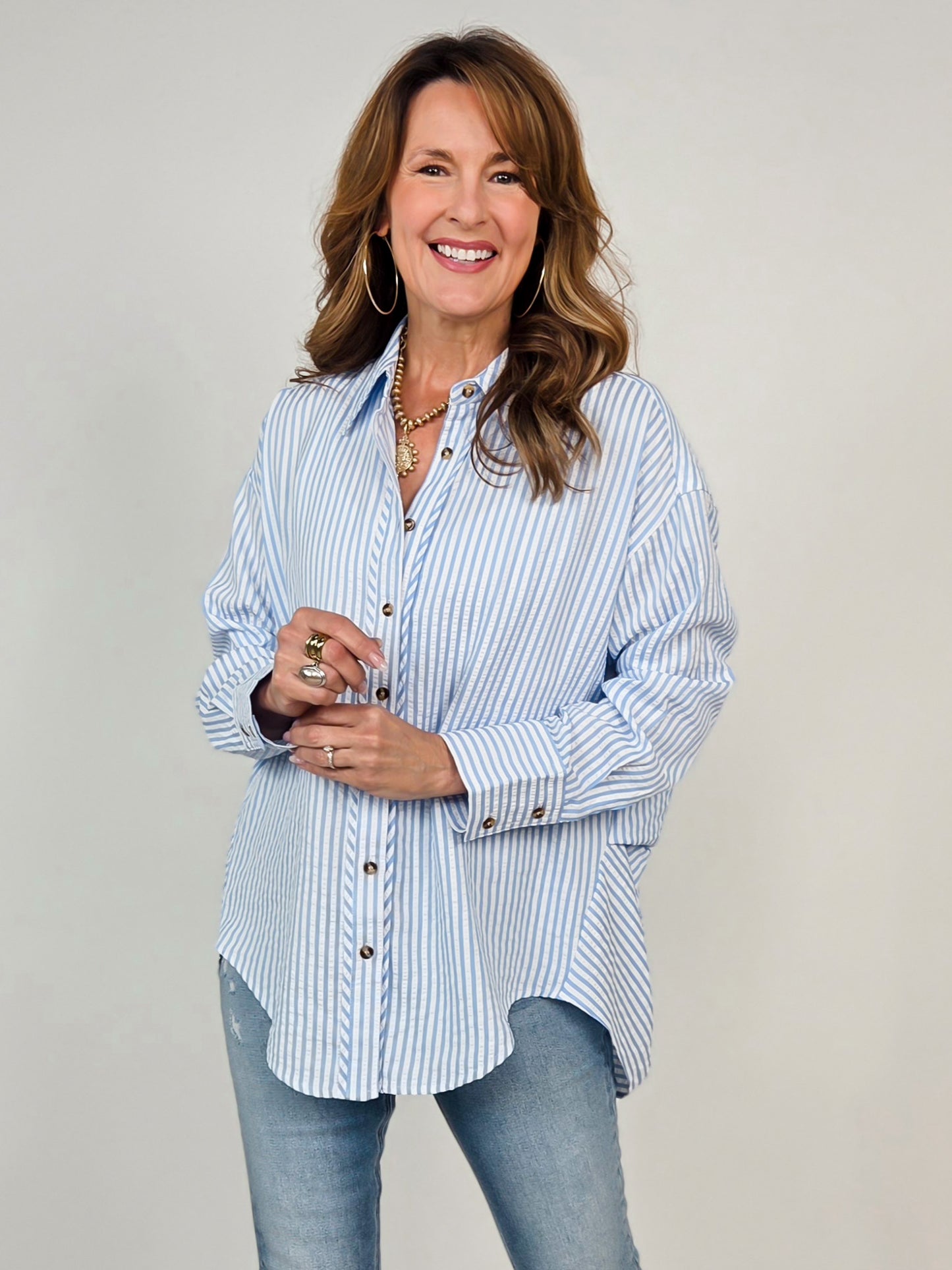 Striped Long Sleeve Button Down Collared Top