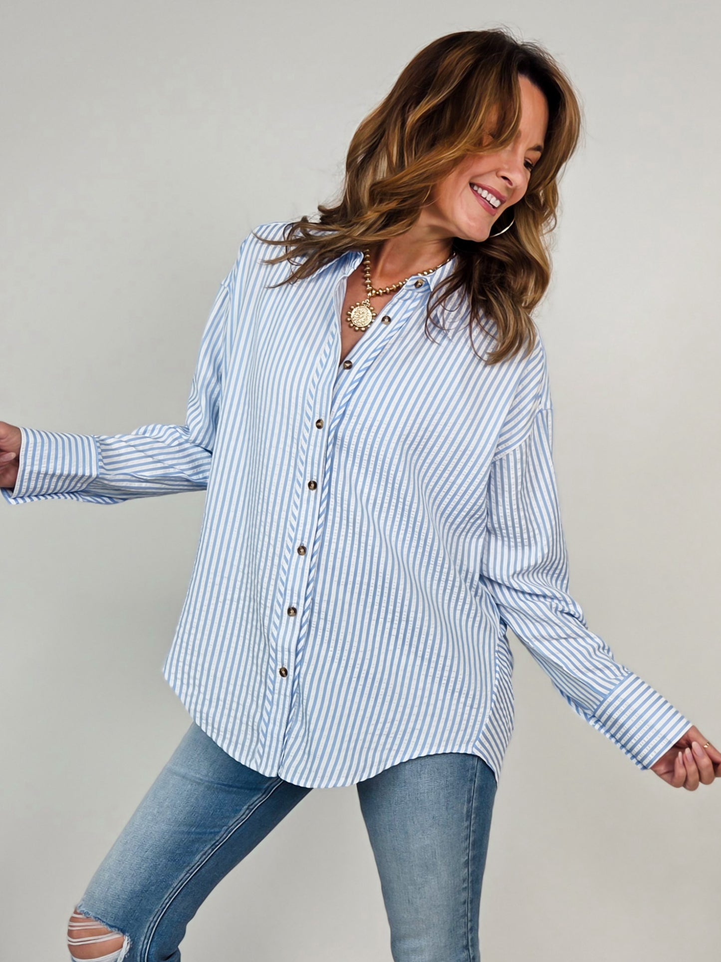 Striped Long Sleeve Button Down Collared Top