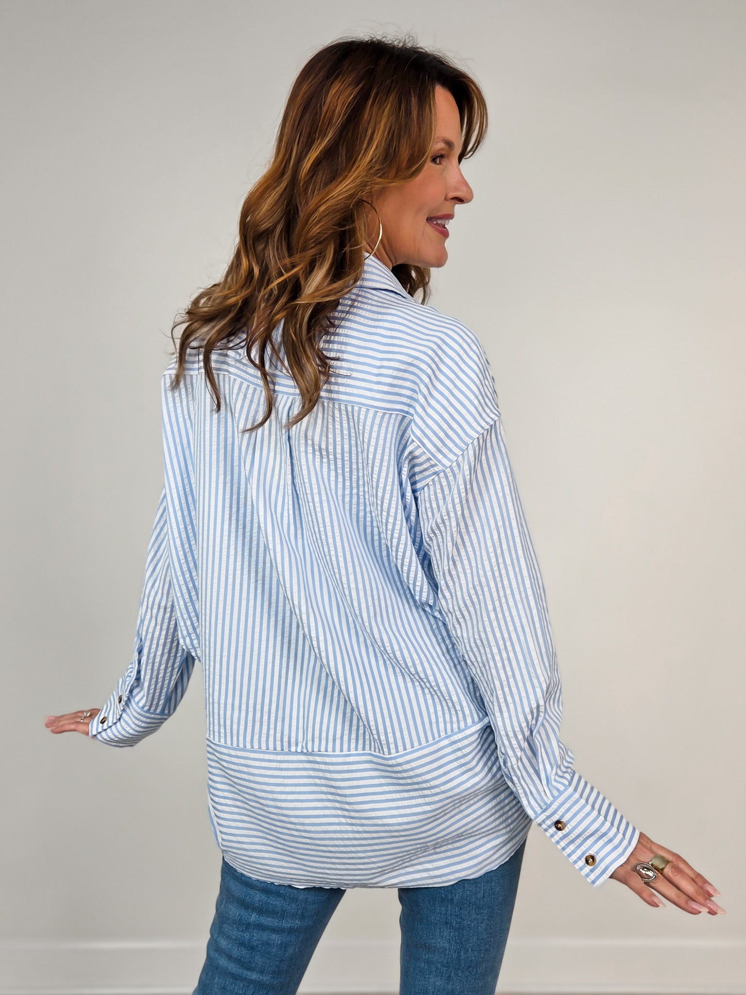 Striped Long Sleeve Button Down Collared Top