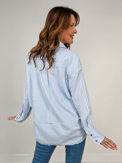 Striped Long Sleeve Button Down Collared Top