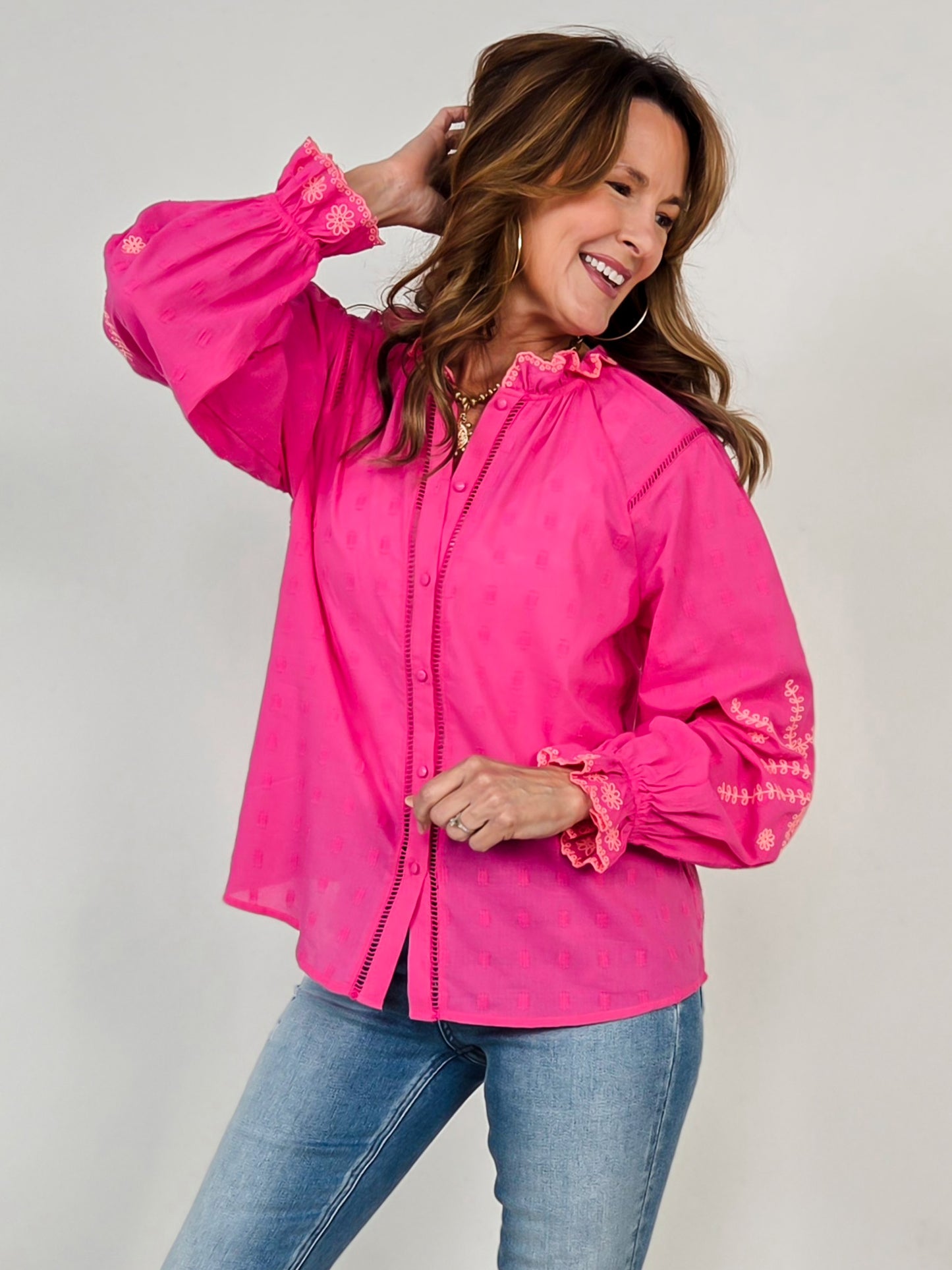 High Ruffle Neckline Button Down Embroidered Top