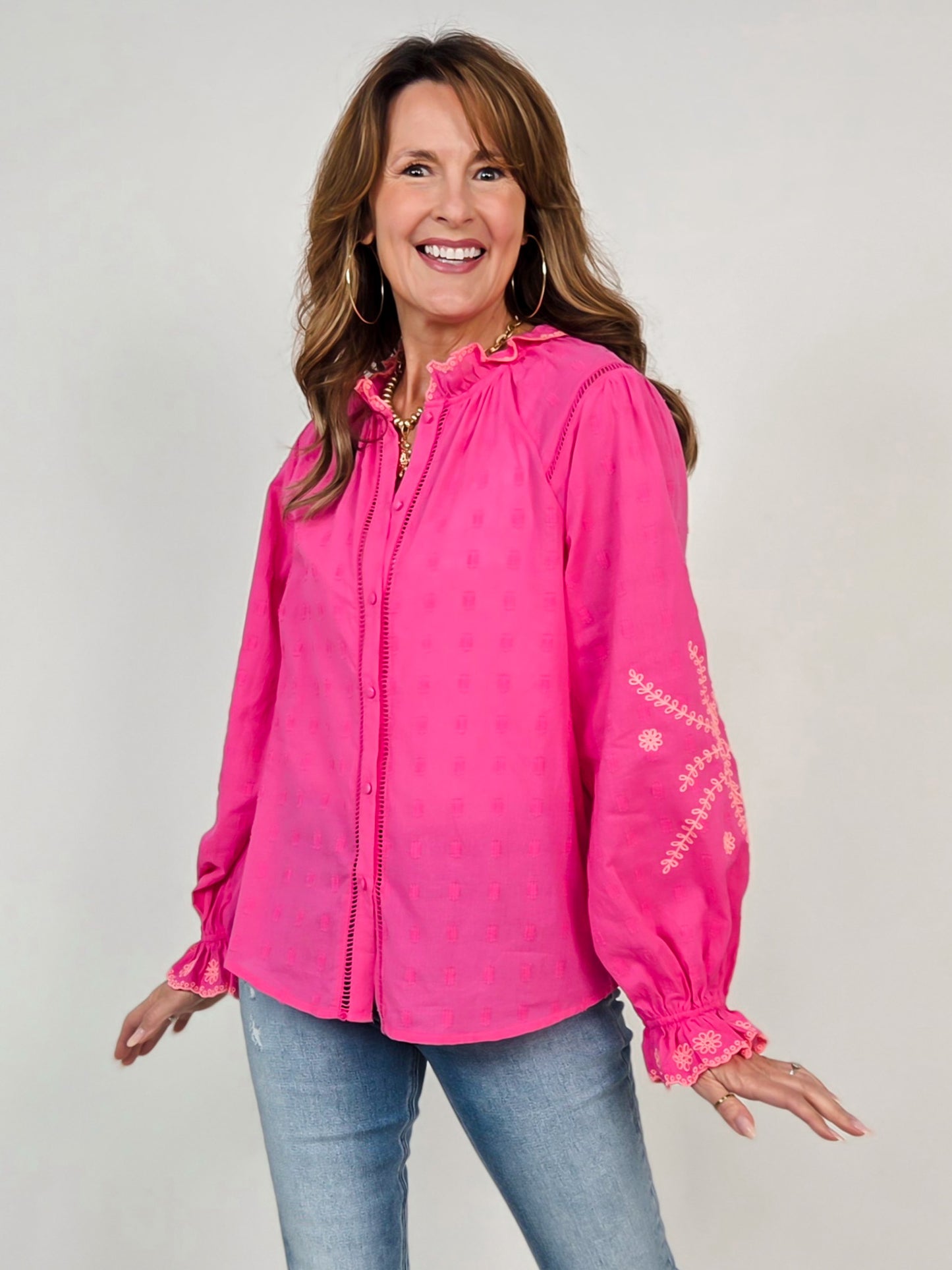 High Ruffle Neckline Button Down Embroidered Top