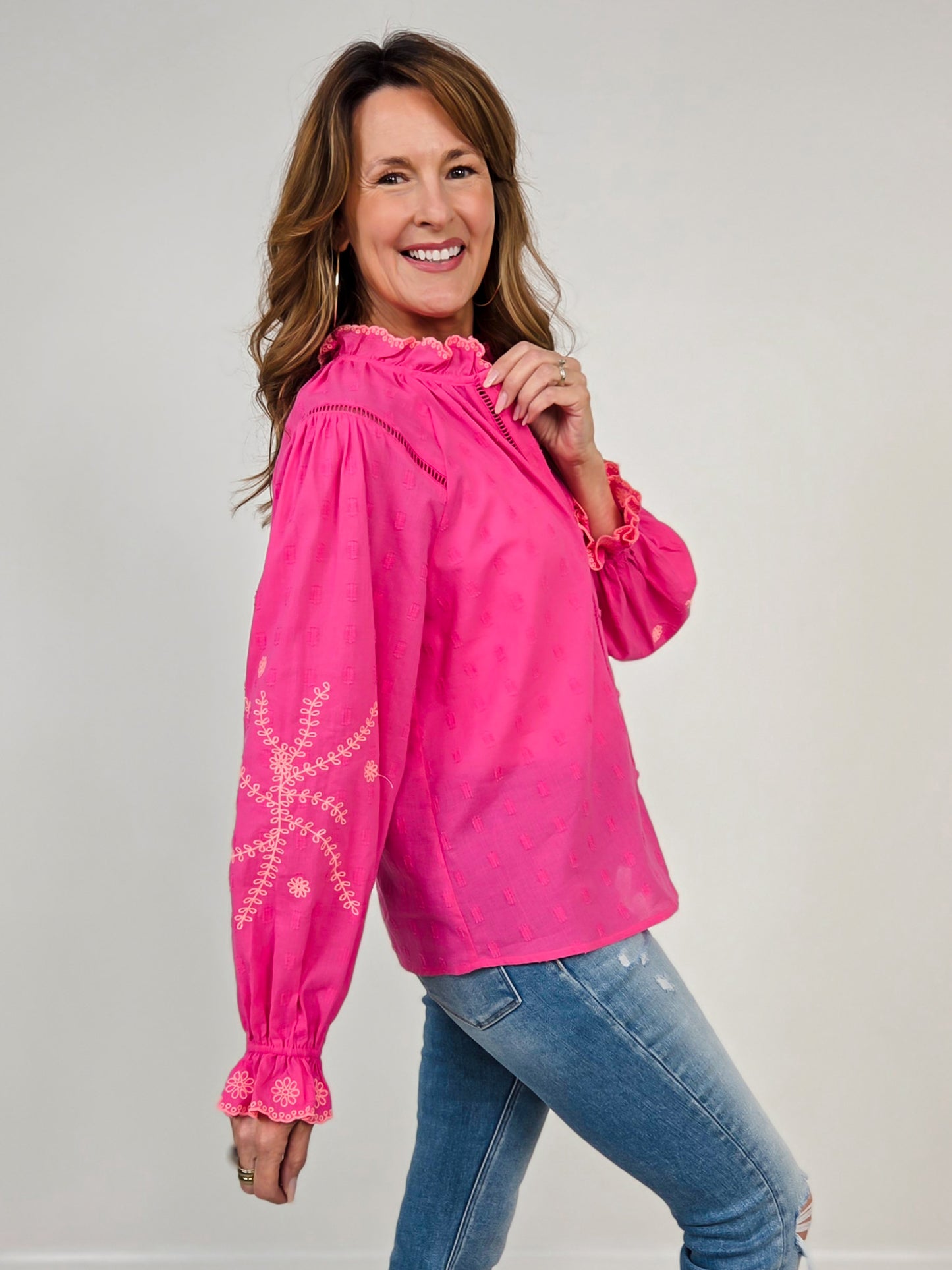 High Ruffle Neckline Button Down Embroidered Top