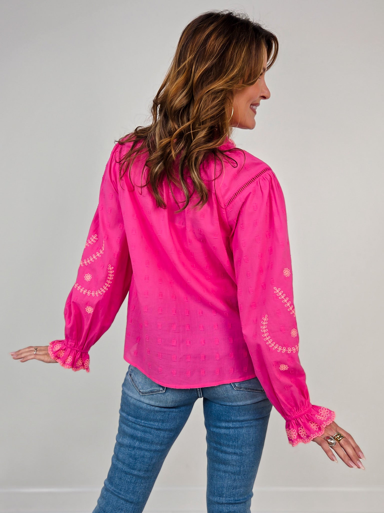 High Ruffle Neckline Button Down Embroidered Top