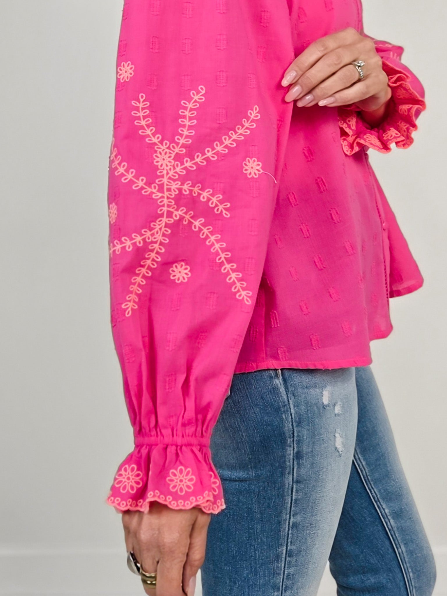 High Ruffle Neckline Button Down Embroidered Top