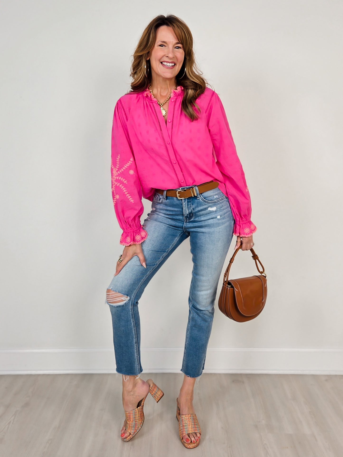 High Ruffle Neckline Button Down Embroidered Top