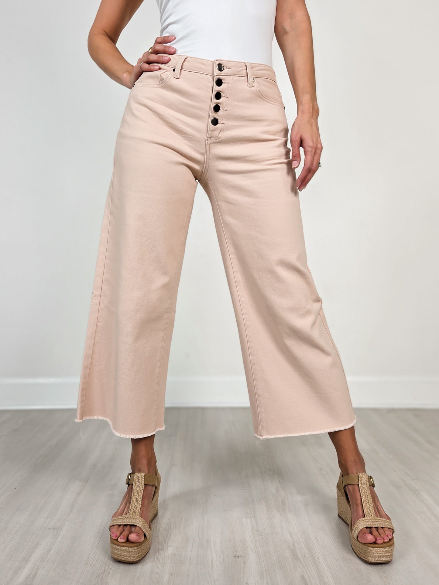 Button Fly High-Rise Stretch Twill Pants in Peach Tree
