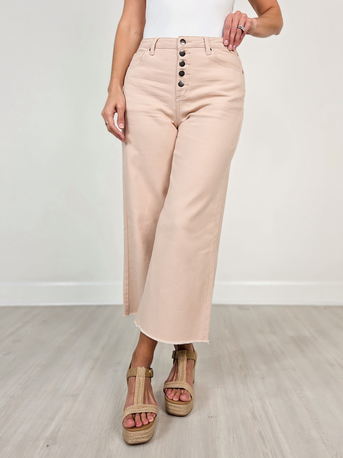 Button Fly High-Rise Stretch Twill Pants in Peach Tree