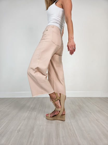 Button Fly High-Rise Stretch Twill Pants in Peach Tree