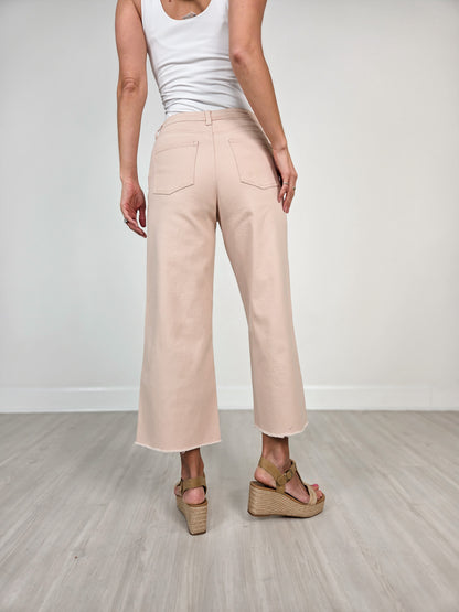 Button Fly High-Rise Stretch Twill Pants in Peach Tree