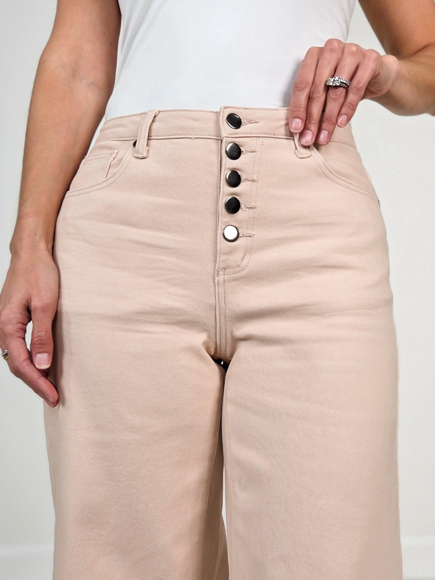 Button Fly High-Rise Stretch Twill Pants in Peach Tree