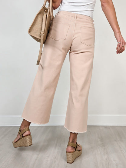 Button Fly High-Rise Stretch Twill Pants in Peach Tree