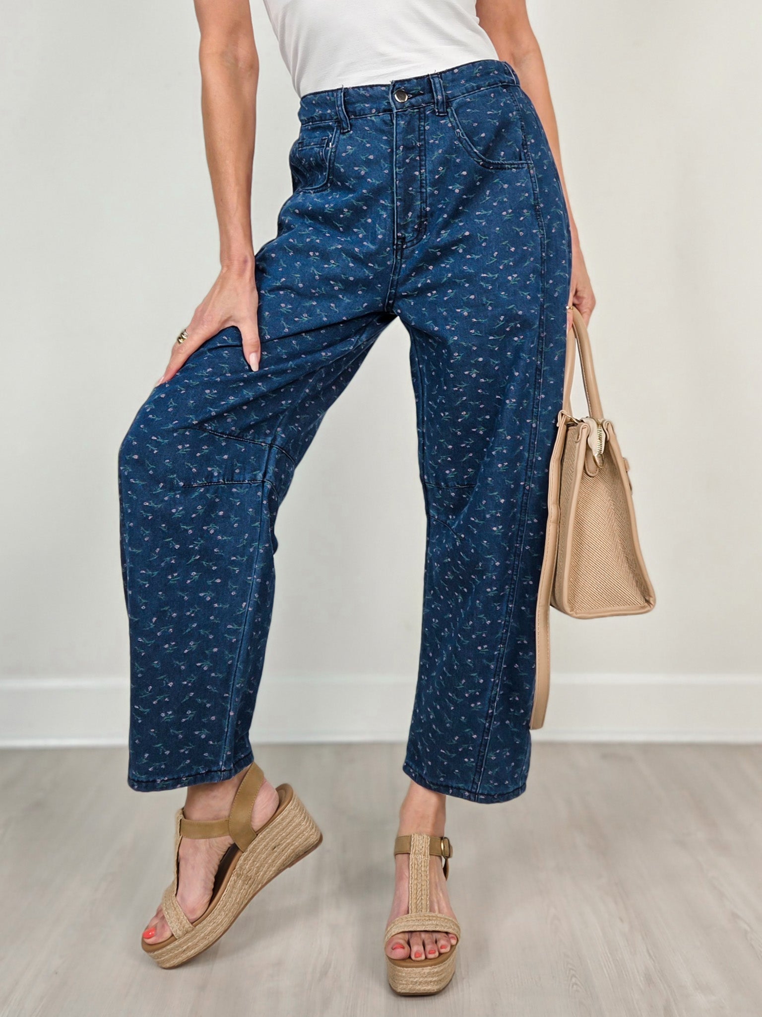 Washed Floral Print Barrel Leg Denim Pants