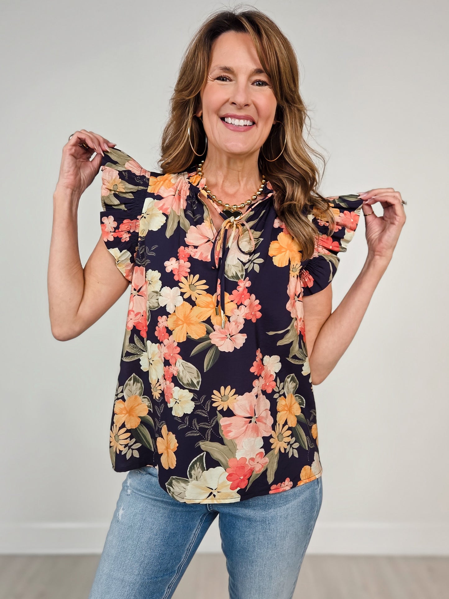 Floral Printed Ruffle Sleeve Top with Tie Neckline