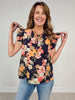 Floral Printed Ruffle Sleeve Top with Tie Neckline