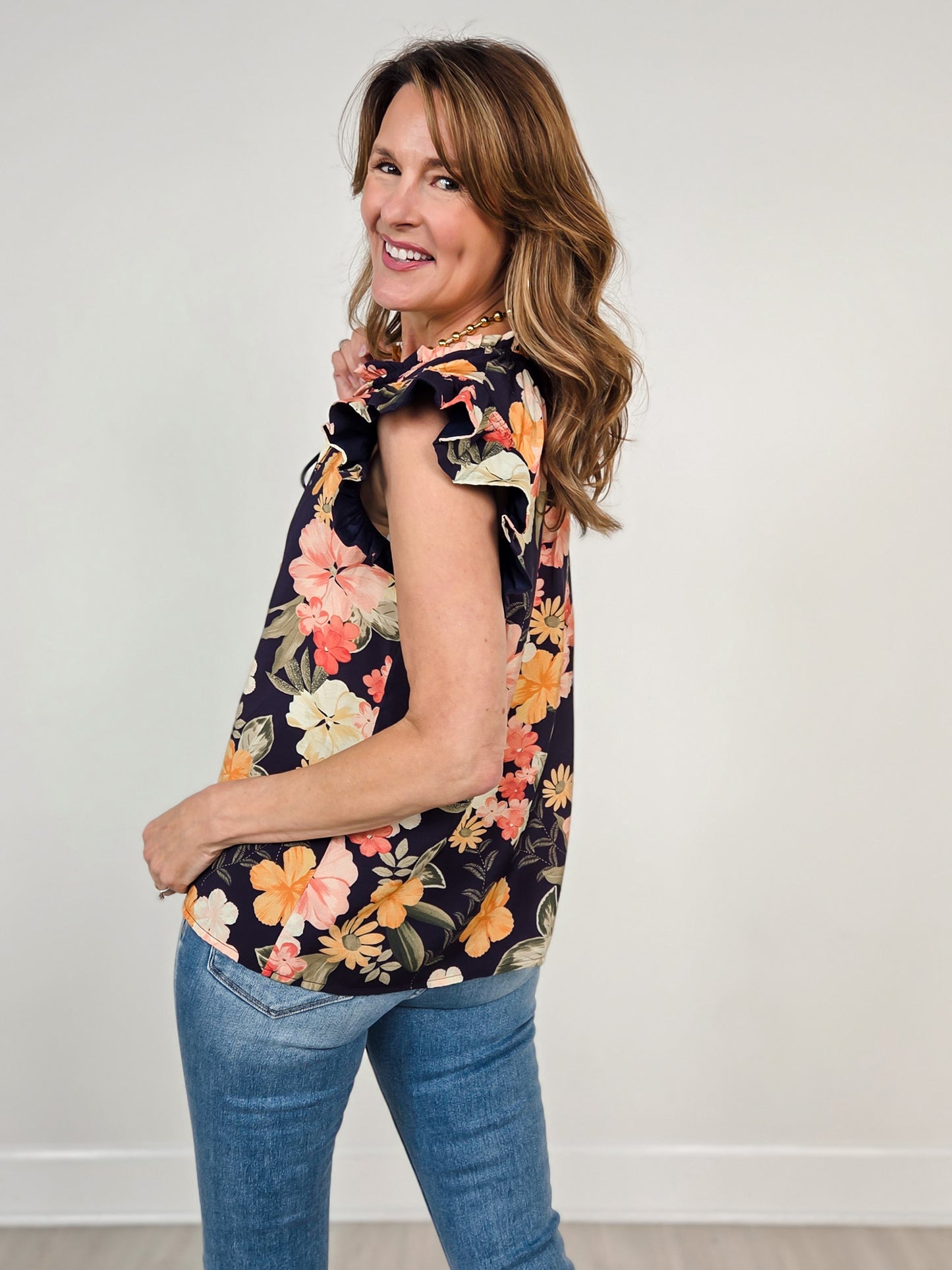 Floral Printed Ruffle Sleeve Top with Tie Neckline