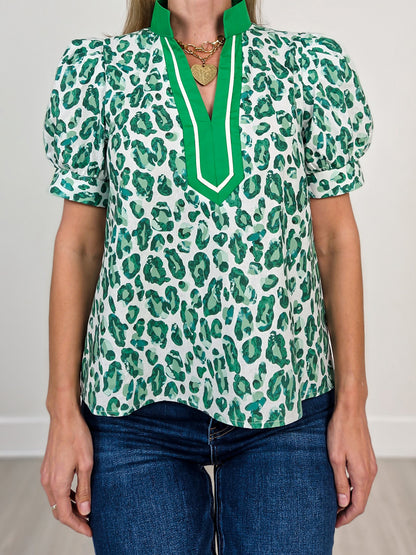 Short Puff Sleeve Split Neck Leopard Print Top
