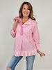 Striped Print 3/4 Sleeve Top with Wide Collar and Pearl Button