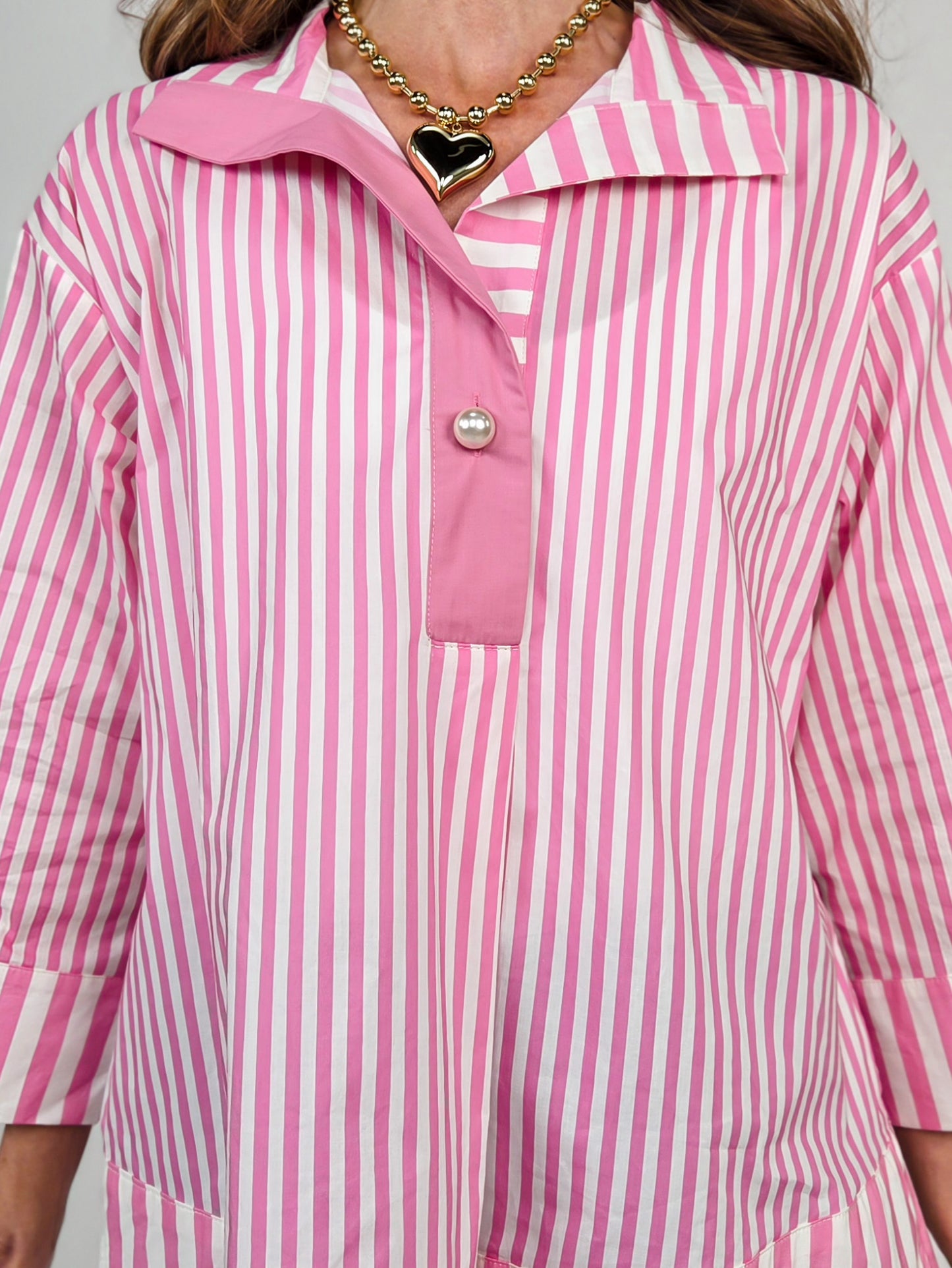 Striped Print 3/4 Sleeve Top with Wide Collar and Pearl Button