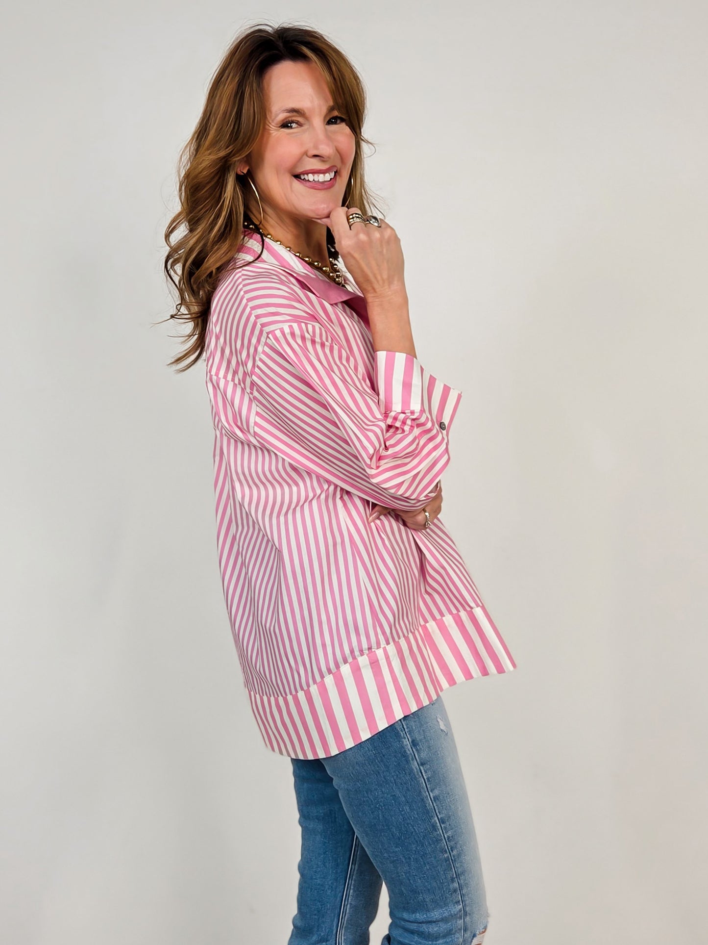 Striped Print 3/4 Sleeve Top with Wide Collar and Pearl Button