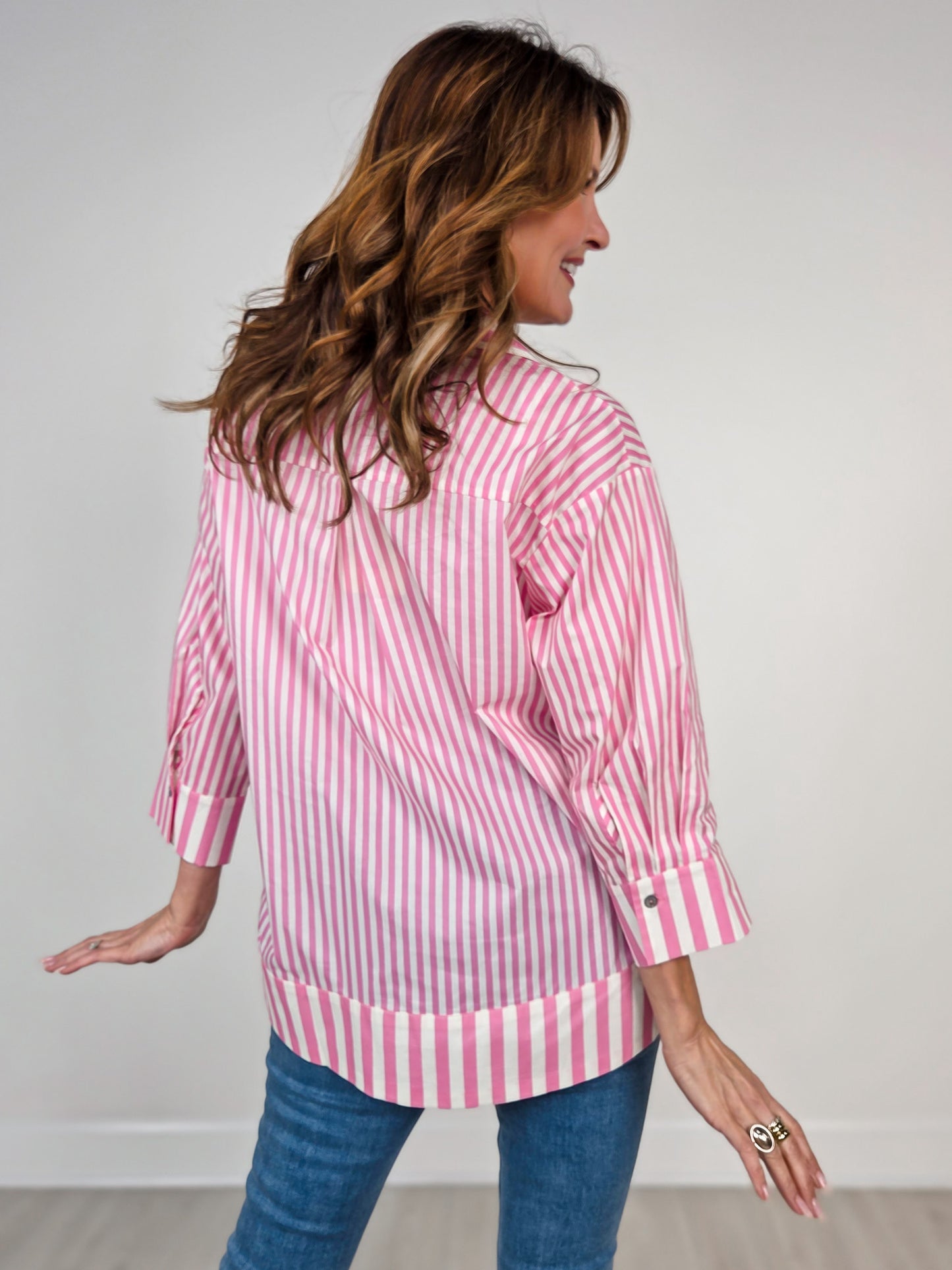 Striped Print 3/4 Sleeve Top with Wide Collar and Pearl Button