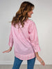 Striped Print 3/4 Sleeve Top with Wide Collar and Pearl Button