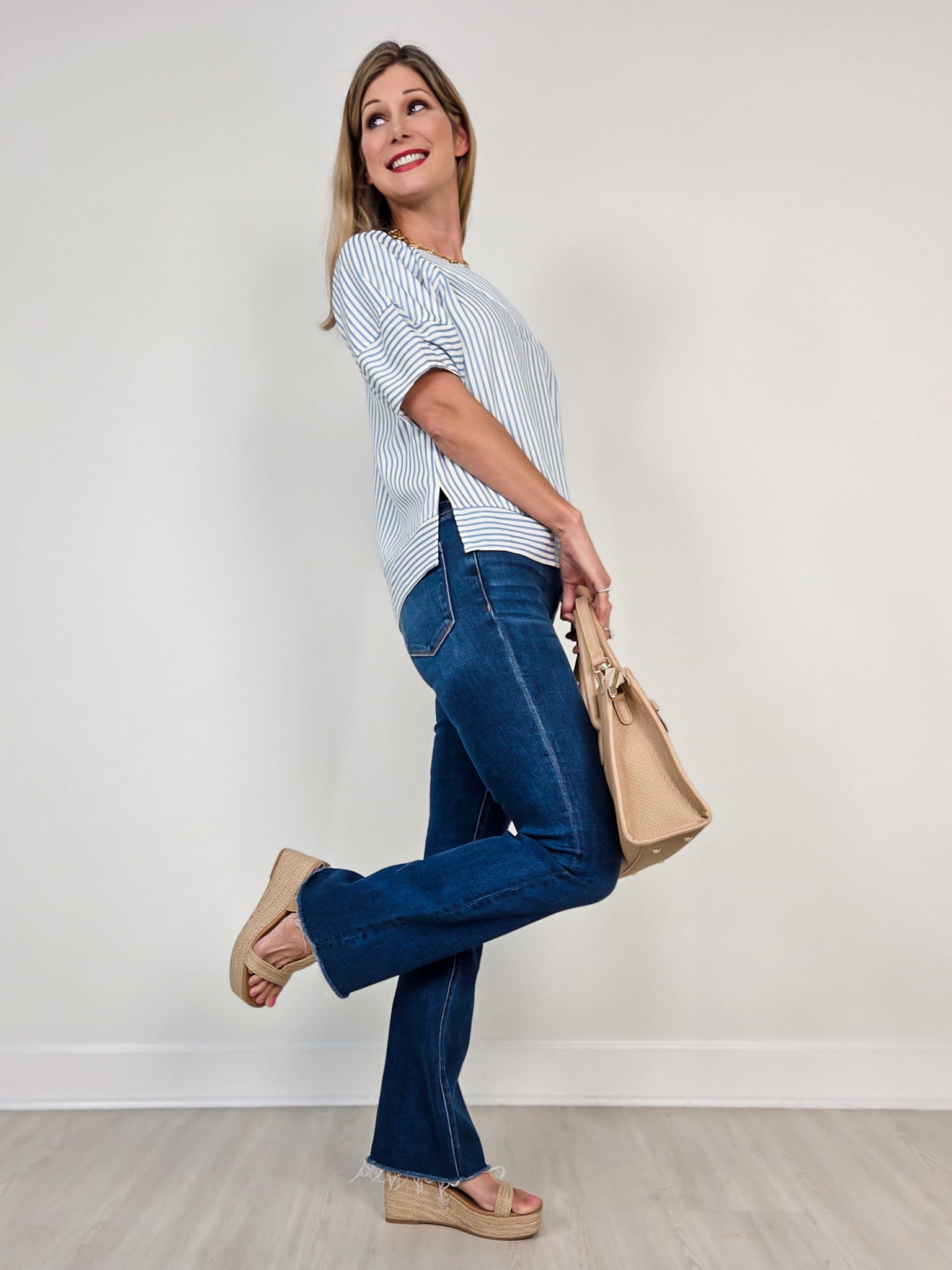 Striped Short Sleeve V-Neckline Top