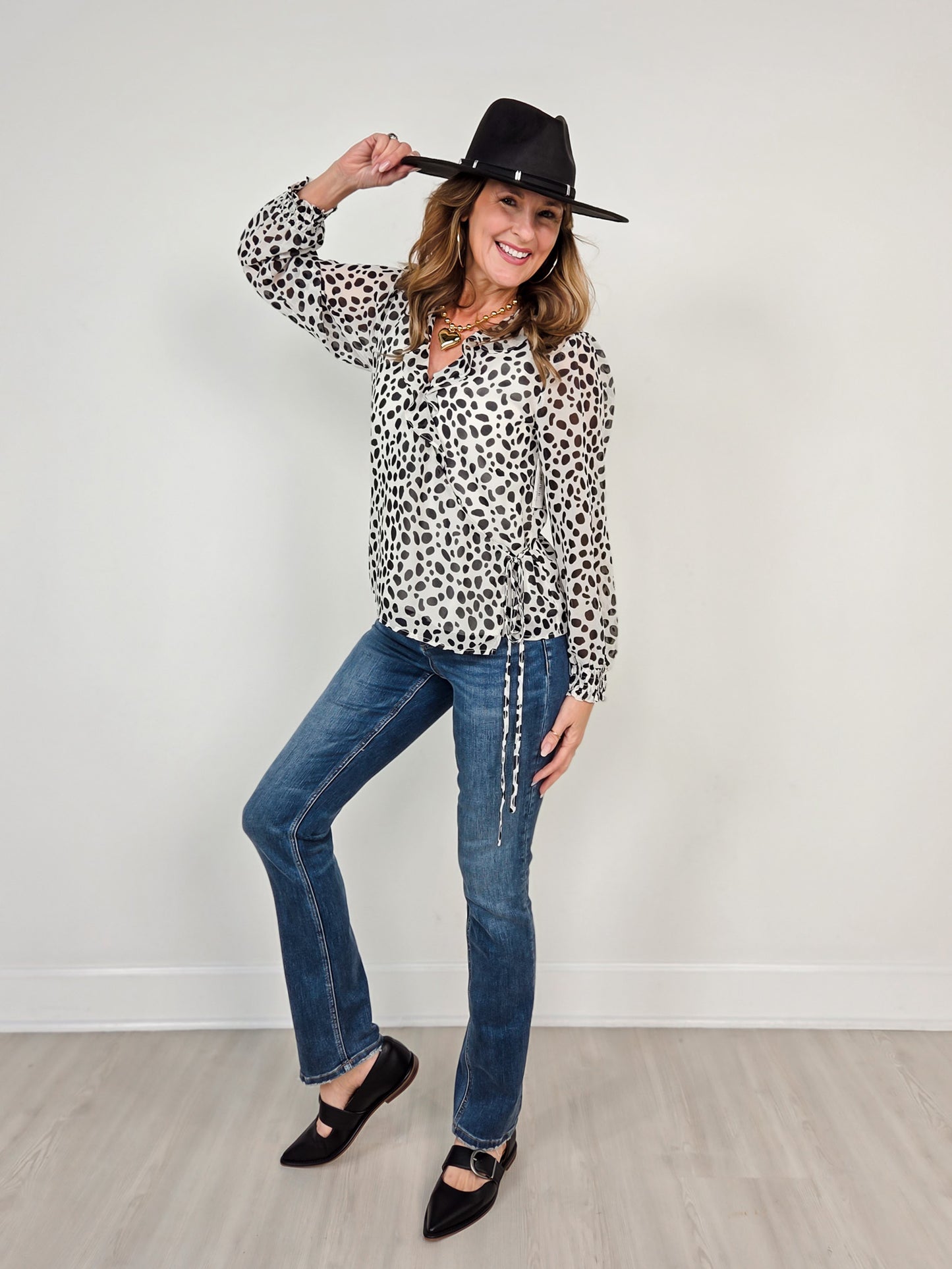 Long Bubble Sleeve Cross Over Tie Top